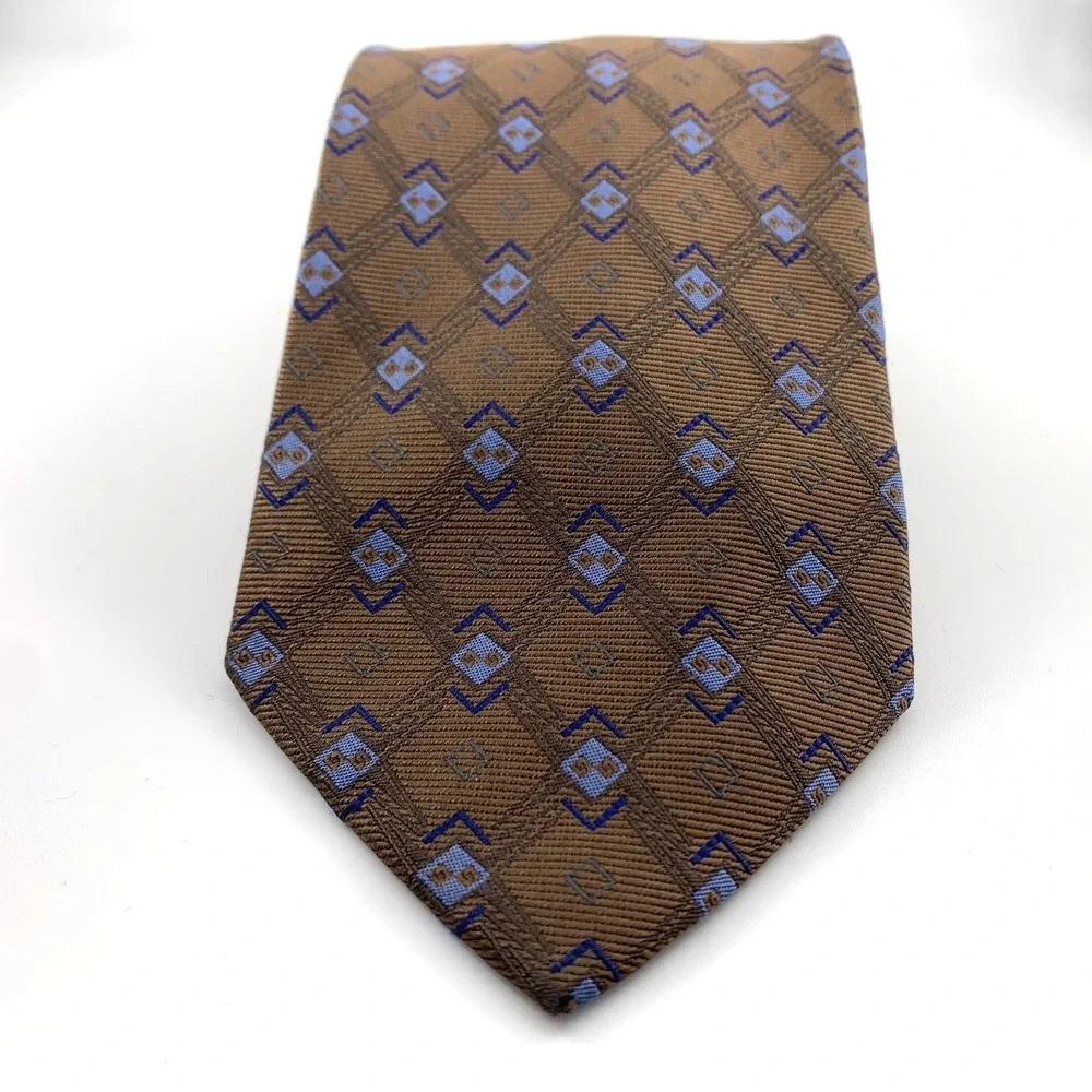 Daniel‎ De Fasson Mens Tie Blue Brown Geometric Pattern Necktie 100% Silk Repp